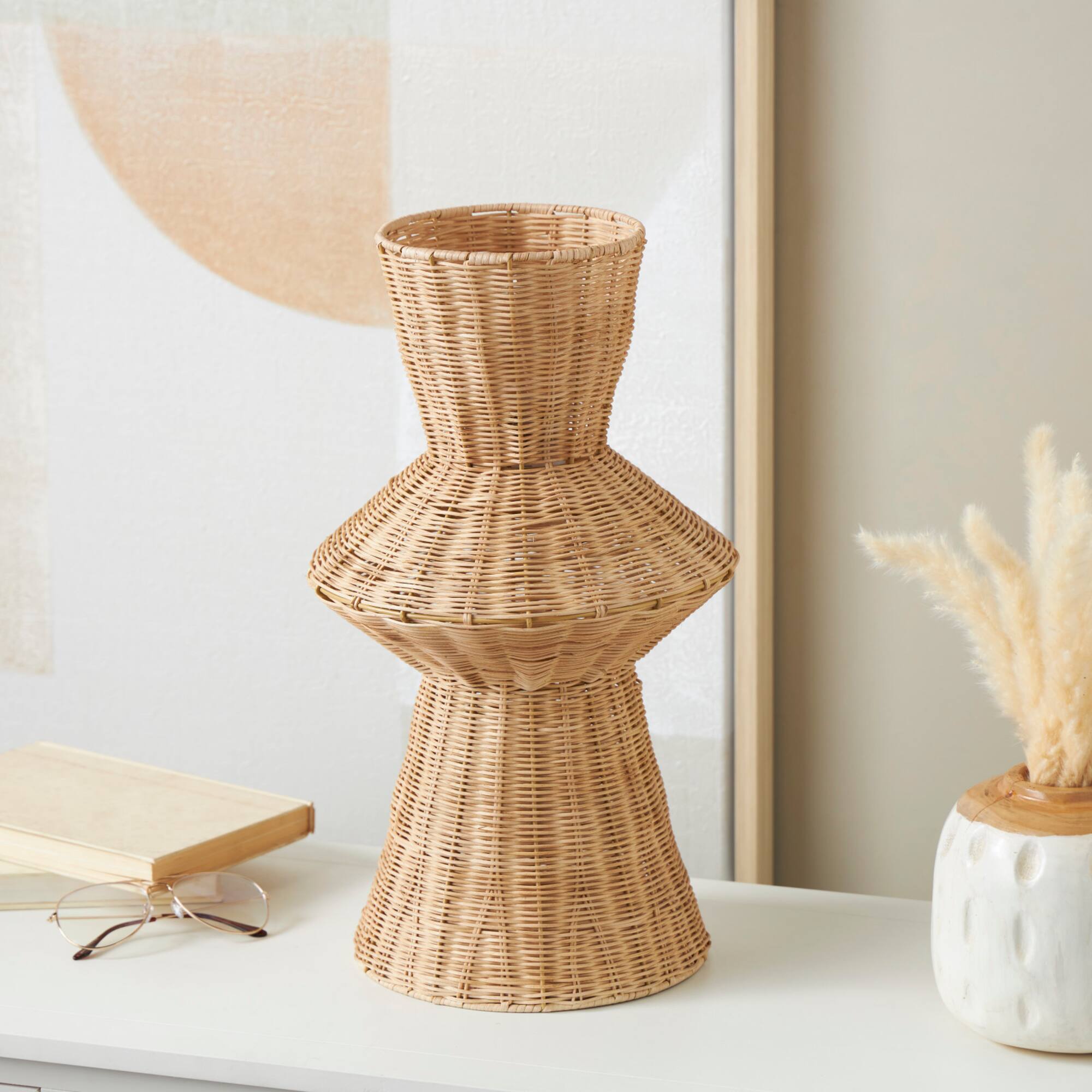 18" Brown Rattan Handmade Woven Tapered & Fluted Vase